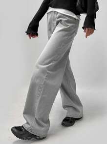 DAZY 女士浅色水洗男友风直筒长牛仔裤，四季皆宜 - 淺灰色 - 查看 2