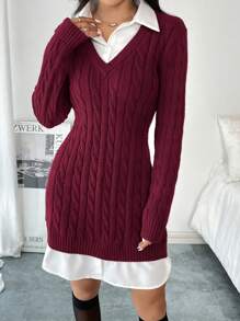 SHEIN Essnce Autumn Women's Sweater Dress Gray Miumiu Style Commuting Wear, 2 In 1 Woolen Dress Daily Casual Commuting Slim Short Long-Sleeved Dress, Workplace Wear, Fall Women Outfits, Christmas Women Dress, Valentine's Day Mini Slim Slimming Dress