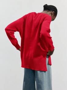 Maija 女式纯色圆领休闲套头毛衣，侧开衩下摆，秋冬 - 紅色 - 查看 7