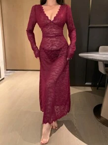 DAZY Lace Semi-Sheer Deep V-Neck Fitted Sexy Nightgown - Burgundy - View 8