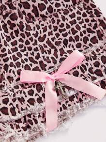 ROMWE Kawaii Y2K Babe Low Waist Leopard Print Bow Decor Women Denim Mini Skirt