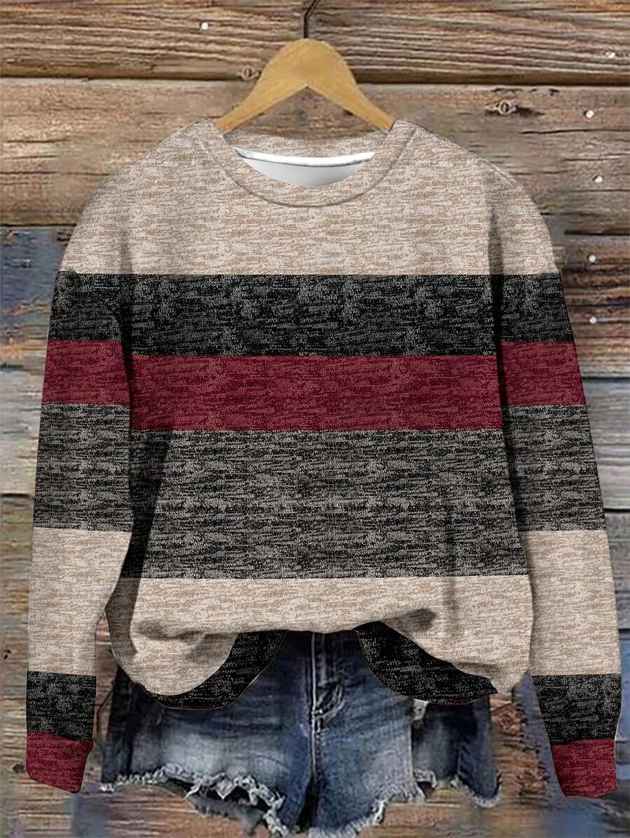 SHEIN LUNE Women Stripe Fleece Crew Neck Casual Sports Sweatshirt, Autumn/Winter