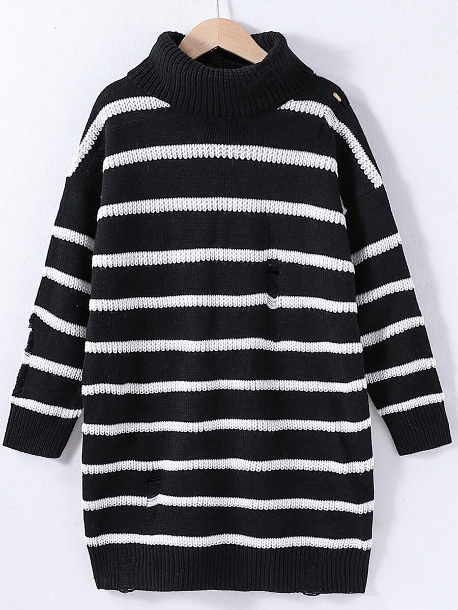 SHEIN Gestricktes Kleid für Tween Mädchen, französischer Stil schwarz-weiß gestreiftes Oversized-Strickkleid mit hohem Kragen und langen Ärmeln, zerrissenes Design, weicher und bequemer Stoff, modisch für Herbst/Winter, geeignet für Zuhause, Reisen, Musikfestivals, Weihnachten, Halloween-Partys, klassischer europäischer Stil - Schwarz und Weiss - Übersicht 1