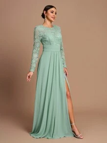 SHEIN Belle Elegante e splendido vestito verde salvia in chiffon con volant, spacco e coda da sirena, adatto per matrimoni, feste, vacanze, balli, cerimonie, damigelle (taglia adulta) - Verde - Visualizzare 7