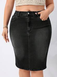EMERY ROSE Plus Size Women Pocketed Bodycon Casual Denim Skirt - Black - View 3