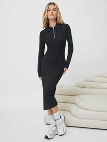 SHEIN EZwear 1/4拉鍊條紋針織緊身洋裝 - 黑色 - 查看 4
