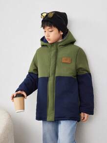 Tween 男童休闲拼色加垫拉链连帽冬季加厚绗缝外套 - 綠色 - 查看 2