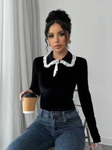 Elenzga Women's Long Sleeve T-Shirt With Casual Elegant Velvet Glossy Fabric & Chiffon Ruffle Trim Elements Graphic Tees Women Tops For Spring