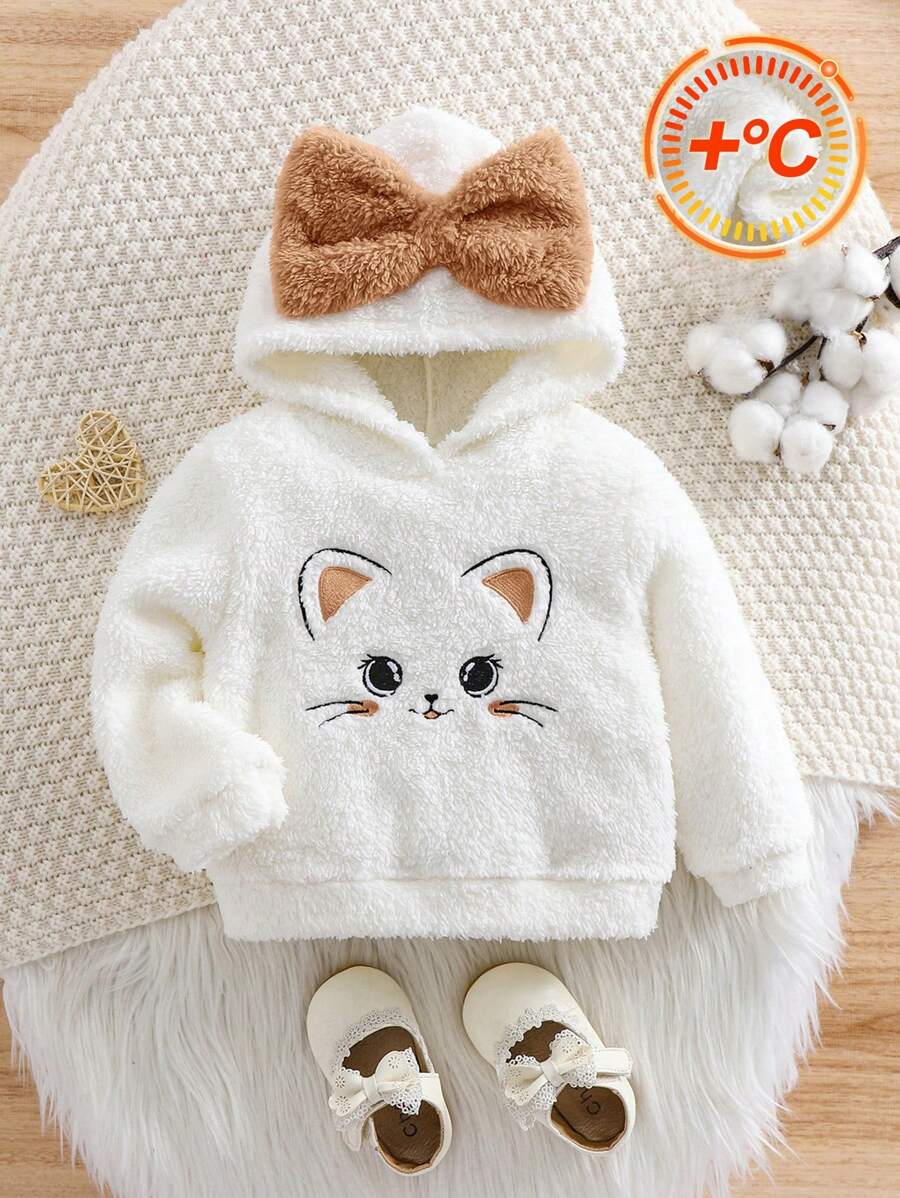 SHEIN Áo nỉ mùa đông cho bé gái, chất liệu lông mềm mại, thêu hình hoạt hình và nơ, thích hợp mặc trong nhà. - Nhiều màu - Xem 1
