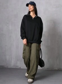 GENKIRA 休闲高街时尚女士灯芯绒低腰抽绳工装裤，大口袋，直腿宽松长裤，秋季 - 軍綠色 - 查看 3