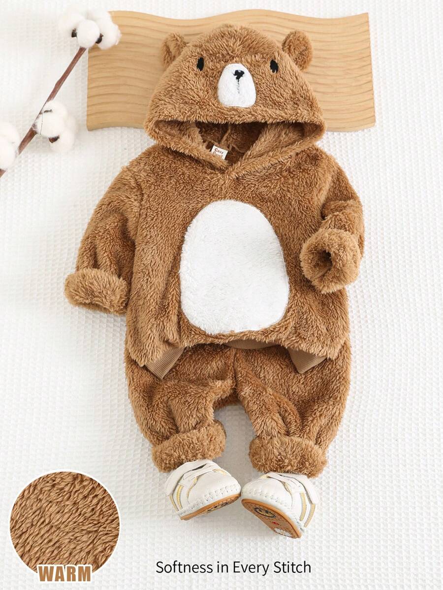 Cozy Pixies 2 件套男婴卡通熊图案 3D 耳朵连帽长袖套头衫和慢跑裤套装 - 棕色 - 查看 1