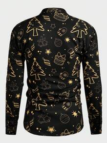 Manfinity AFTRDRK Plus Size Men Digital Print Turn Down Collar Long Sleeve Shirt, Christmas - White - View 2