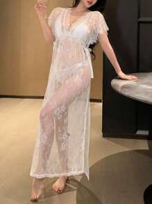 DAZY 蕾丝透视深V领高开衩性感睡裙女士内衣 - 白色 - 查看 8
