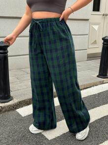 SHEIN EZwear Plus Size Women's Plaid Belted Straight Loose Pants, Autumn/Winter