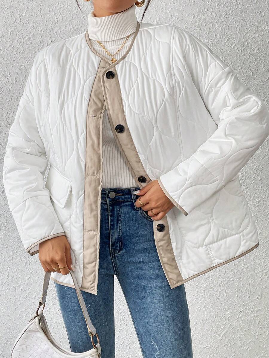 Chiquease Women Color Block Loose Casual Padded Long Sleeve Jacket With Pocket, Autumn/Winter Clothes Fall Cloth For Women - White - View 1