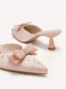 CUCCOO CHICEST Pointed-Toe Square Block Heel Faux Silk Rhinestone Butterfly Decor Easy Slip-On Comfortable Summer Everyday & Formal Women High Heels For Christmas And New Year Holiday Vibe Fall And Winter - Pink - View 9