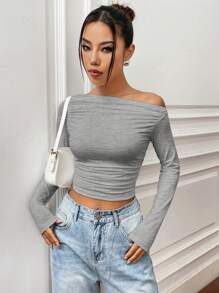SHEIN Unity Áo thun nữ tay dài cổ bẻ màu trơn không đối xứng, dáng croptop thường ngày, mùa thu - Màu Xám nhạt - Xem 3