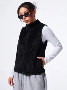 SHEIN Sports Chaleco deportivo de mujer con cierre de cremallera y unicolor - Negro - Ver 4