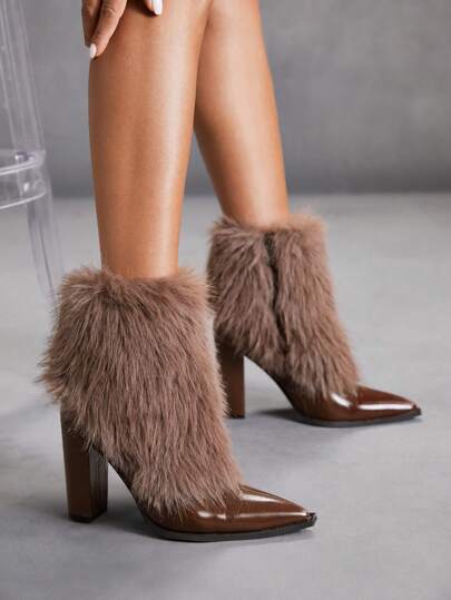 Sexy Fashionable Fluffy Pointed Toe Chunky High Heel Side Zipper Casual Boots, Coffee Color For Women Valentine's Day