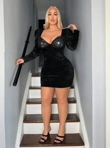 Franclia Plus Size Vrouwen Sexy Lange Mouw Fluwelen Patchwork Bodycon Elegante Jurk, Herfst/Winter Voor Vakantie Feestkleding