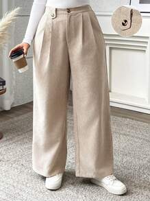 Flirla 大码女式宽松纯色威尔士灯芯绒阔腿裤