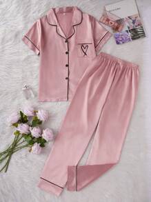 LuxeNights 2 件仿丝心形刺绣短袖上衣和裤子睡衣套装：衬衫和裤子，粉色睡衣，舒适优雅细节 - 粉色 - 查看 4