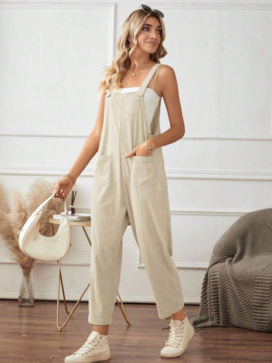 SHEIN LUNE 素色口袋貼布背帶連身褲不附吊帶上衣 - 米色 - 查看 1