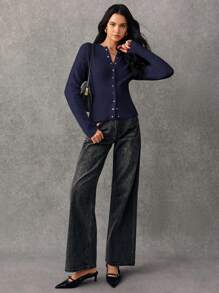 Poéselle Cárdigan de punto liso de manga larga, cuello abotonado, corto y delgado, de unicolor, informal y sencillo, para mujer, jerséis de mujer, prendas de punto, ropa de invierno para mujer, ropa de otoño para mujer, FW24 - Azul Marino - Ver 7