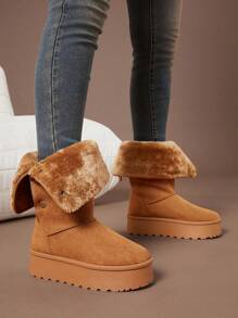 SHUZIA 女士休闲一脚蹬厚底蓬松保暖内衬中筒可爱雪地靴