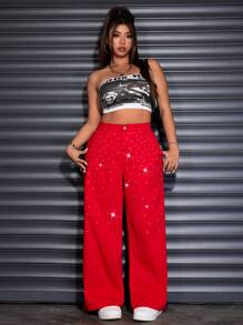 SHEIN ICON Plus Size Women's Rhinestone Embellished Pockets Wide Leg Loose Fashion Christmas Jeans - Red - View 4