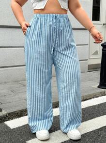 SHEIN EZwear Plus Size Casual Drawstring Waist Pants, Minimalist And Fashionable For Daily Wear