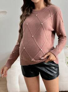 SHEIN Suéter tejido de maternidad, jerséy holgado de cuello redondo cálido y casual para mujeres embarazadas, otoño/invierno