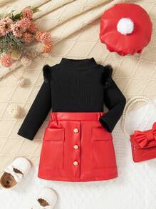 SHEIN Baby Girls Plush Patchwork Stand Collar Long Sleeve Top And Skirt 2pcs Set, Autumn/Winter - Black - View 1