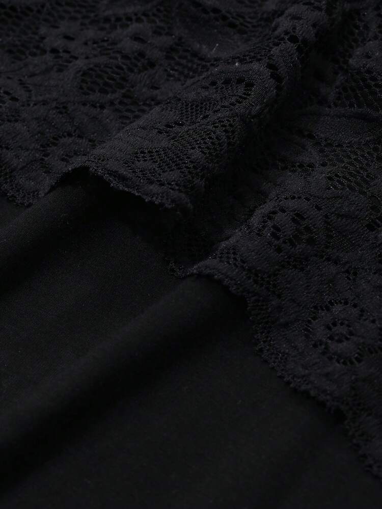 Sexy Lace Mesh Contrast Knitted Fabric Nightgown Pajama, For Fall