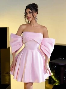 Lovelzi Elegancka romantyczna różowa satynowa kokarda z odkrytymi ramionami, sukienka księżniczki, regulowany pasek z tyłu, data, przyjęcie urodzinowe, wesele, wydarzenie, wieczór kawalerski, sukienka na studniówkę, sukienka dla gości weselnych