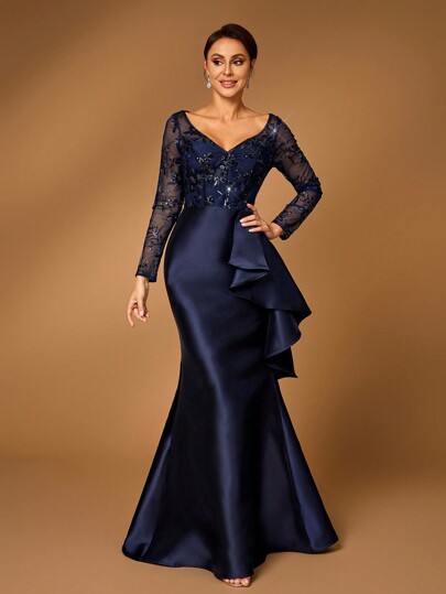 Serin Elegant And Gorgeous Navy Blue Satin Stitching Luxury Sequin Embroidery V-Neck See-Through Long-Sleeved Fishtail Stitching Asymmetric Pieces Suitable For Mom To Attend Wedding Party Party Prom Bride Mother Dress Evening Dress