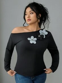 Flirla Damen Große Größen Schwarz & Weiß Blumen Schulterfreies Langarm T-Shirt Grafik Oberteile Damen für den Frühling