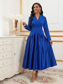 Lyxana Women's Pleated Long Sleeve Dress With Stand Collar, Elegant, Solid Color, Autumn Maxi Women Outfit