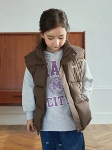 Tween Girls' Loose Casual Minimalist Comfortable Stand Collar Letter Print Sleeveless Warm Cotton Padded Coat
