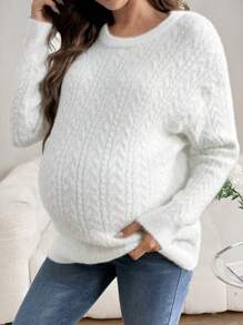 SHEIN Suéter de punto para maternidad, cálido y forrado térmicamente con cuello redondo y manga larga para mujeres embarazadas, otoño/invierno