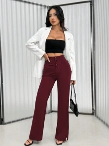 Chiquease High Waist Split Flared Leg Casual Work Pants Fall Cloth For Women - Burgundy - View 5