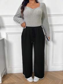 SHEIN Frenchy 大码纯色休闲日常裤 - 黑色 - 查看 3
