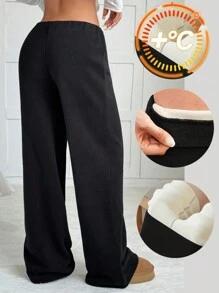 Calça esportiva casual de cor sólida com perna reta, forro térmico para manter o calor