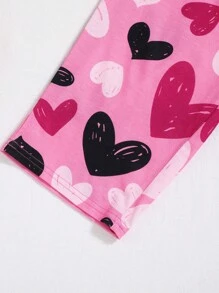 SHEIN Tween Girl Valentine's Day 2pcs Outfit,Cute Pink And Black Heart Print Short Sleeve Shirt And Pajama Pants Set,Summer Sleep Comfortable Sleepwear - Pink - View 5