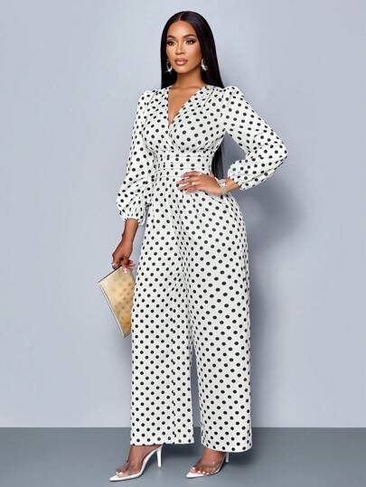 SOLERSUN Ropa de invierno para mujer, elegante para ir a trabajar, estilo francés antiguo con cuello en V, cintura, manga, pinza de pliegue, lunares, mono blanco para fiesta de Navidad, Año Nuevo y Día de San Valentín, ropa de otoño para mujer