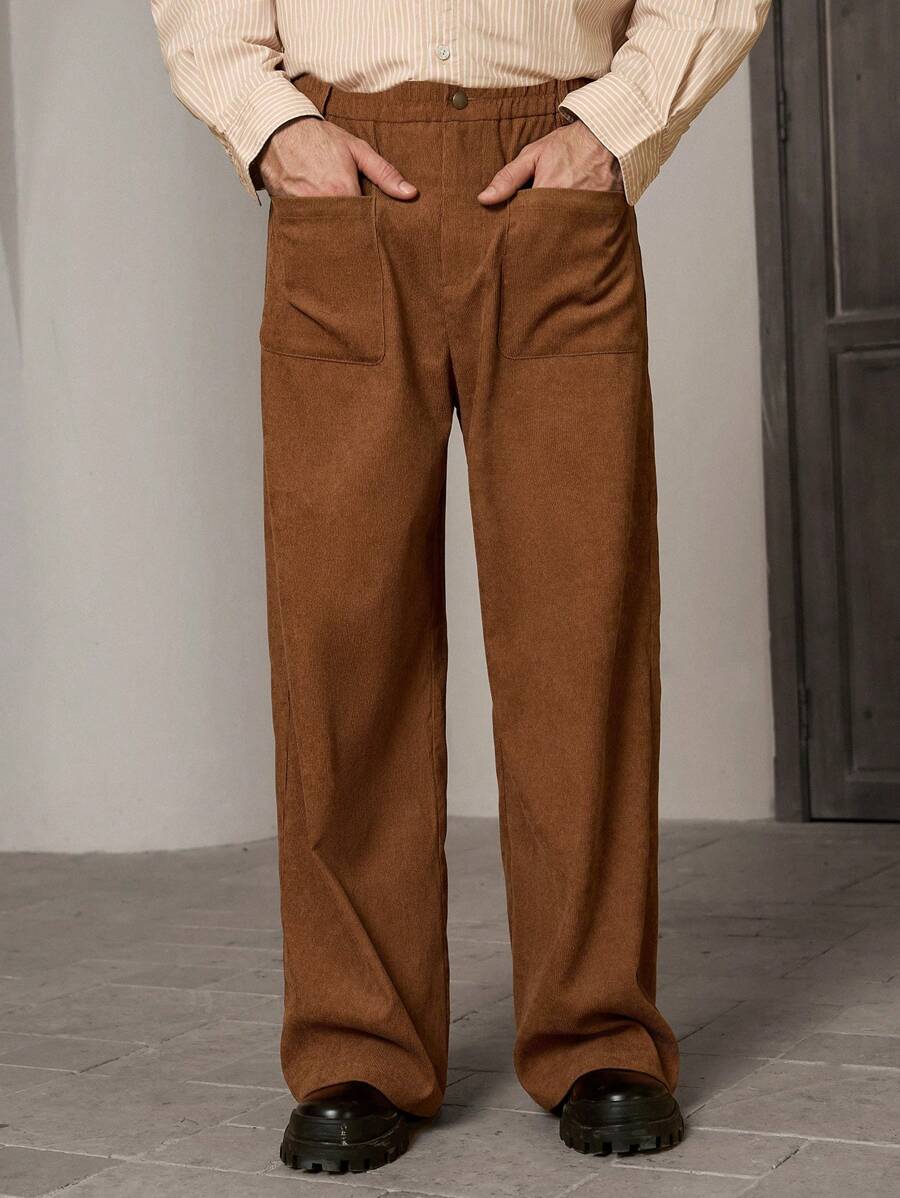 Manfinity VCAY 男士梭织休闲宽松弹力腰直筒裤，时尚日常穿着，圣诞节必备 - 棕色 - 查看 1