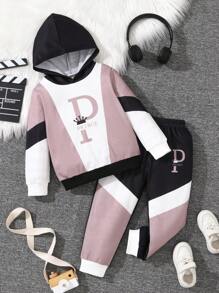 2 pièces/set Jeune garçon pull à capuche et pantalon de jogging avec imprimé lettre patchwork, casual, convient pour l'automne/hiver