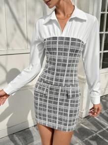 Chiquease Ensemble de 2 pièces pour femme - Chemise à carreaux retouchée à manches longues et jupe midi moulante, élégant pour l'automne - Multicolore - Voir 4