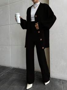 EURMUSE Women Drop Shoulder Button Front Cardigan And Sweater Pant 2 Piece Outfit Set Co-Ords - Black - View 6