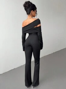 Aloruh Women Solid Color Asymmetric Collar Long Sleeve Hollow Out Fashionable Jumpsuit - Black - View 2